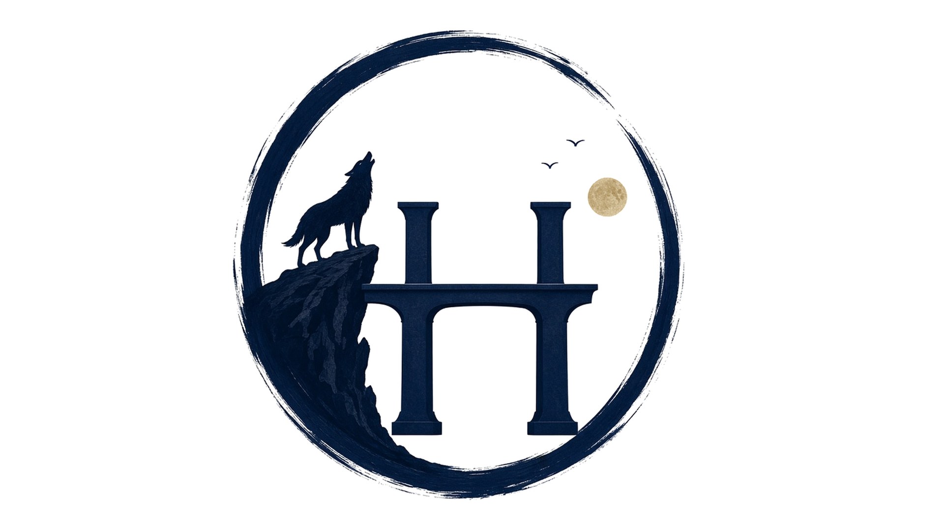 Logo de Hydrael: lobo sobre un acantilado, la H y la luna dorada